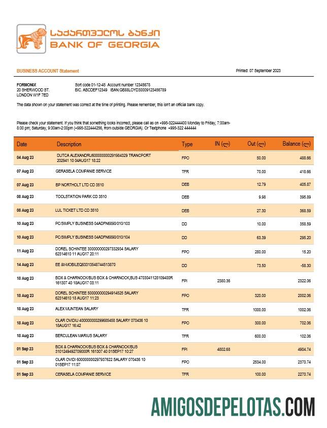 Extrato de conta corrente comercial do Bank Of Georgia Word e PDF modelo amostra